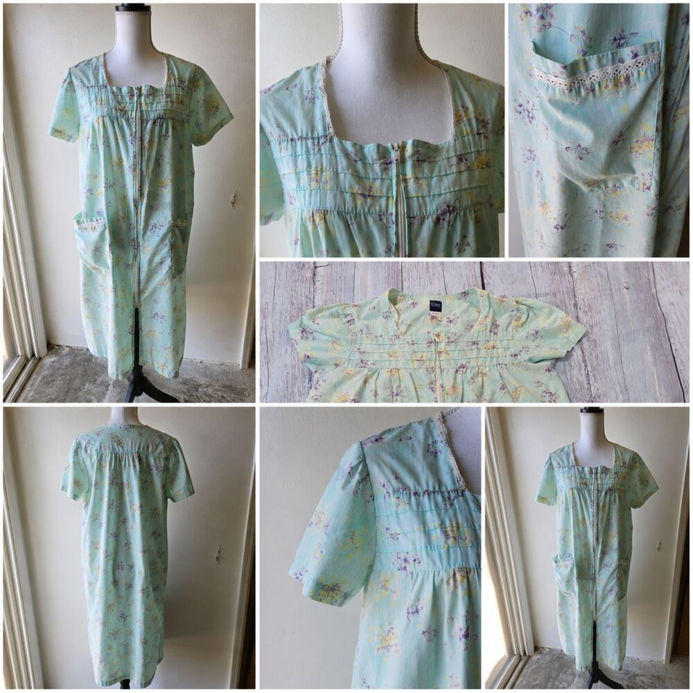 Y2K Vtg Basic Editions Floral House Dress Duster Mint Green Zip Front Size Med